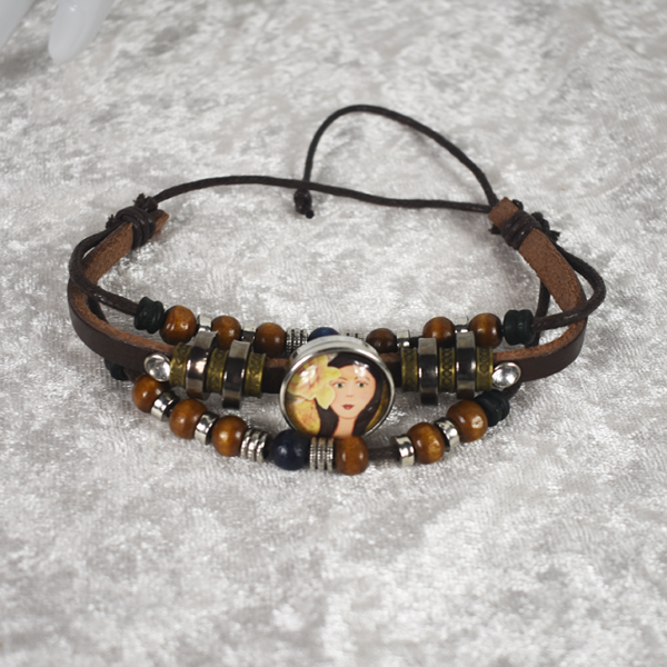 Black Leather Beaded Bracelet - Image 2